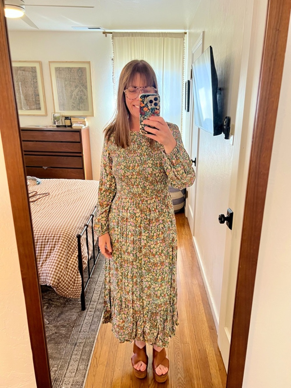Old Navy Green Floral Midi Dress with Pink and Yellow Accents - Picture 2 of 6